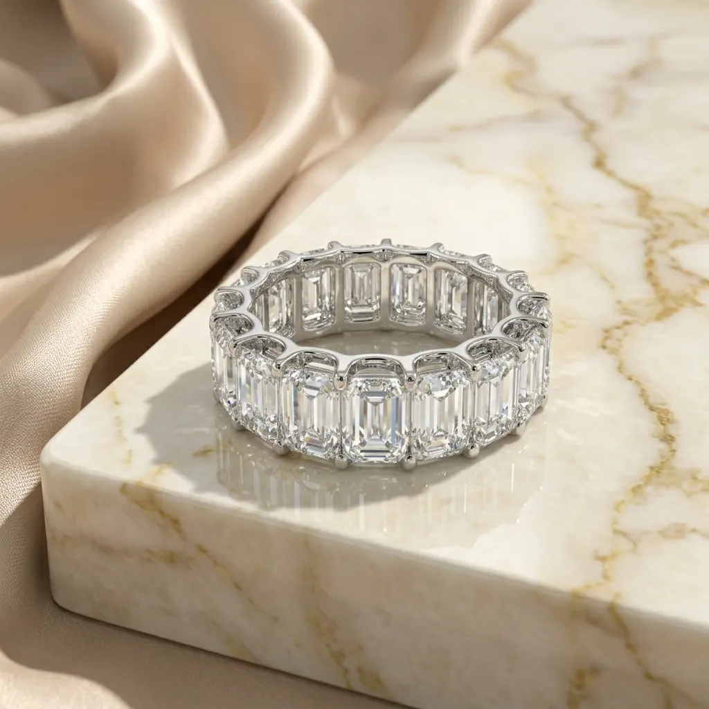 The craftsmanship behind Emerald-cut diamond eternity ring, 5.2 ct