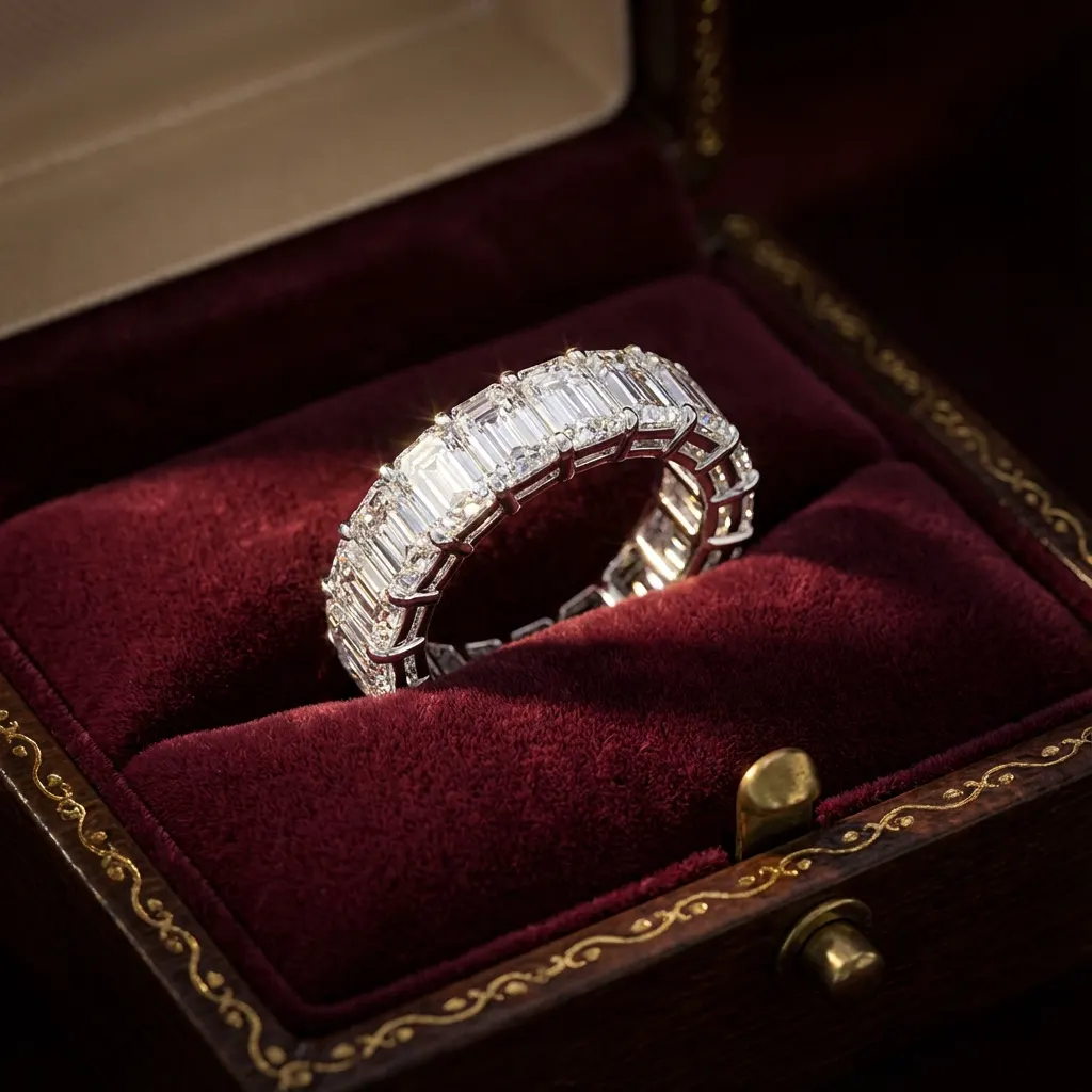 The craftsmanship behind Emerald-cut diamond eternity ring, 5.2 ct